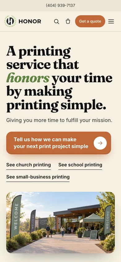 Honor Printing + Design homepage on a phone, with a Get a quote button in the header