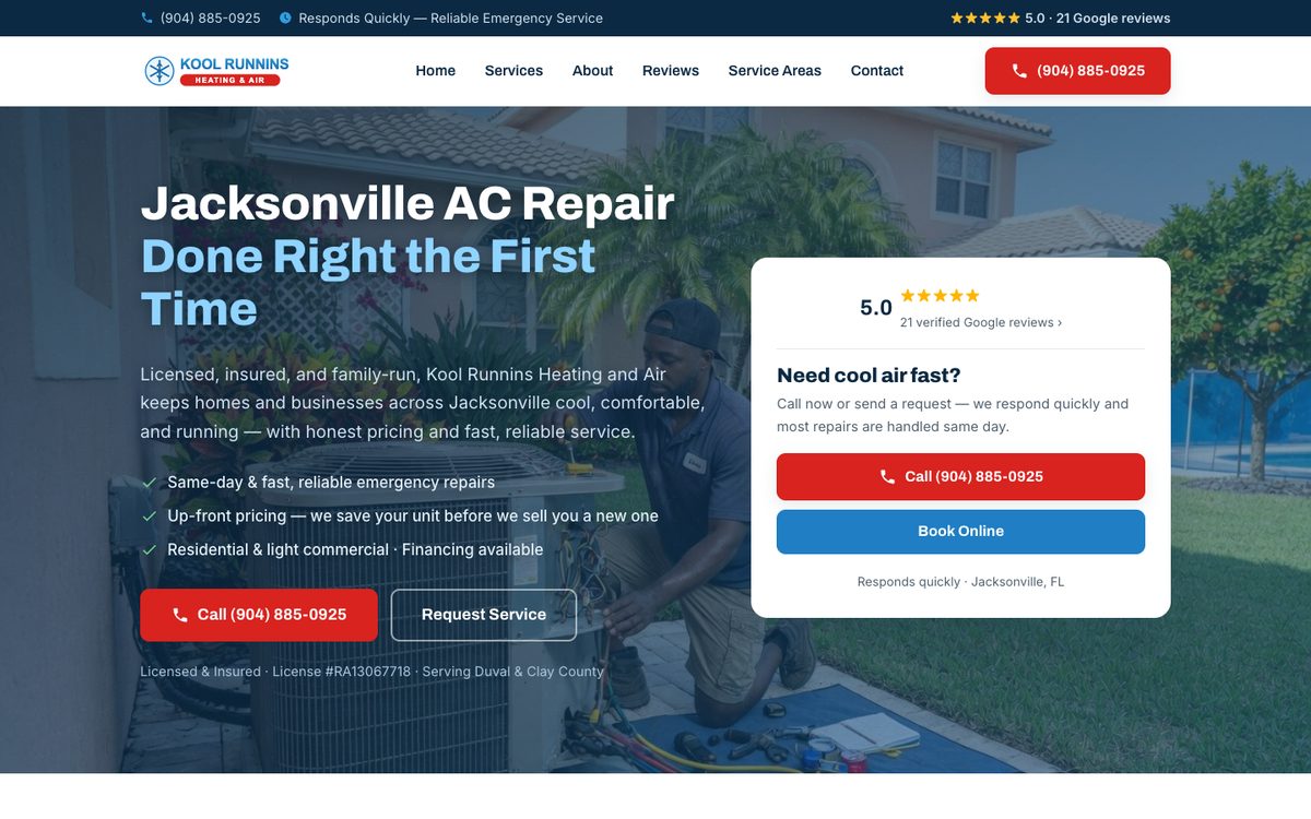 Kool Runnin's Heating and Air homepage on a laptop: a Jacksonville AC repair headline over a photo of a technician, with call and request-service buttons