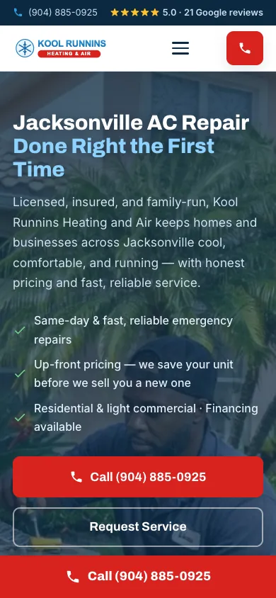 Kool Runnin's homepage on a phone, with a call button pinned to the bottom of the screen