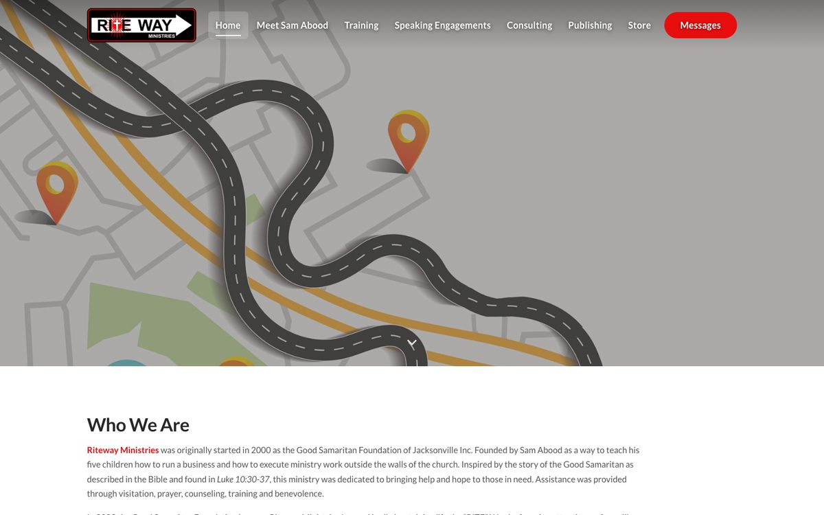 Riteway Ministries homepage on a laptop: the Riteway logo and menu over a winding-road illustration, with the Who We Are section below