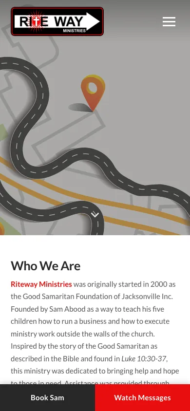 Riteway Ministries homepage on a phone, with Book Sam and Watch Messages buttons pinned to the bottom of the screen